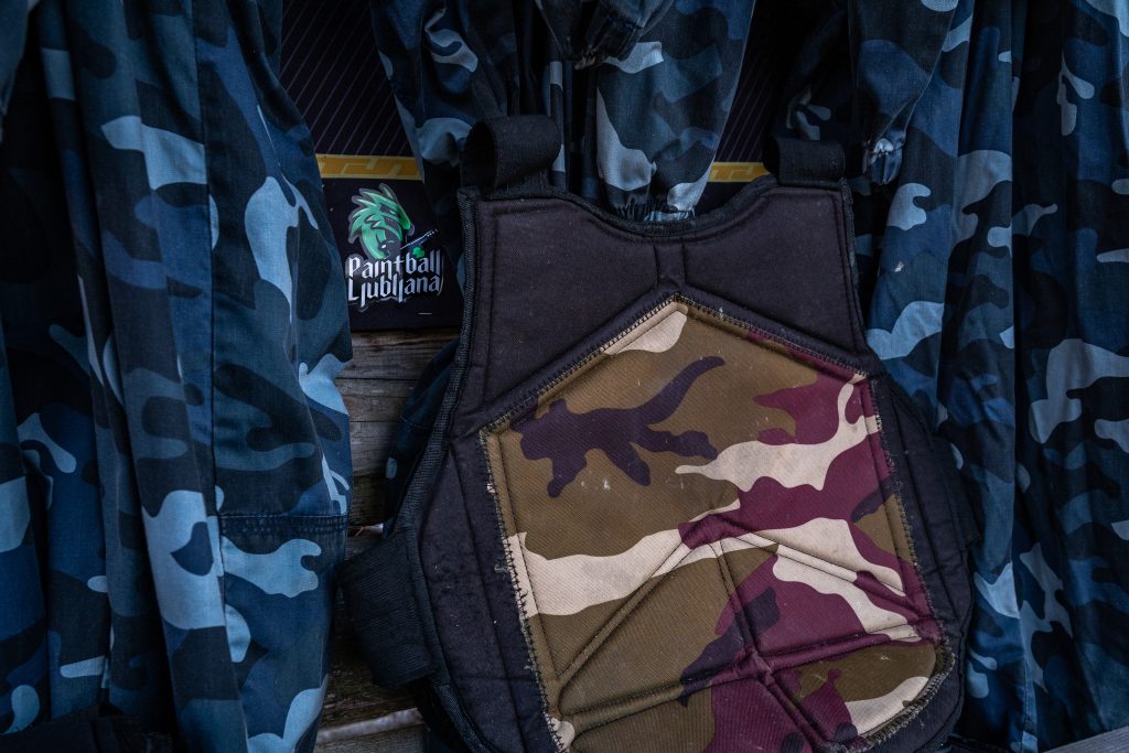 paintball body armor and jumsuit in camouflage pattern